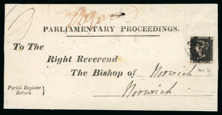 Stamp of Great Britain » 1840 1d Black and 1d Red plates 1a to 11 1840 1d black pl. 1b LI, close to very large margins, tied to Parliamentary proceedings wrapper