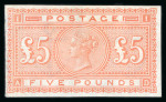 Stamp of Great Britain » 1855-1900 Surface Printed » 1867-83 High Values 1882 £5 orange, AD, imperforate Imprimatur on blued paper