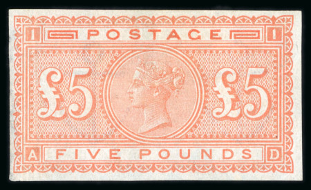 Stamp of Great Britain » 1855-1900 Surface Printed » 1867-83 High Values 1882 £5 orange, AD, imperforate Imprimatur on blued paper