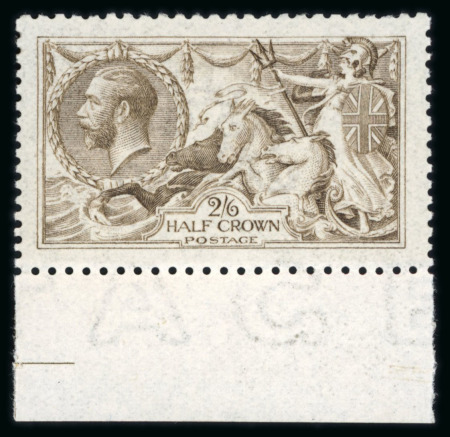 Stamp of Great Britain » King George V » 1913-19 Seahorse Issues 1915 De La Rue 2s6d pale sepia brown mint n.h. single from the foot of the sheet