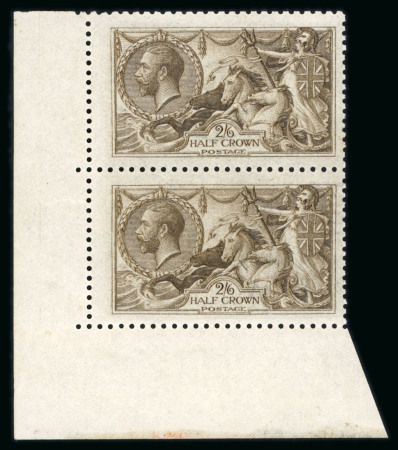 Stamp of Great Britain » King George V » 1913-19 Seahorse Issues 1915 De La Rue 2s6d seal brown mint n.h. vertical pair from the lower left of the sheet variety watermark inverted