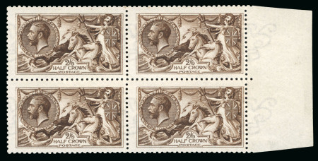 Stamp of Great Britain » King George V » 1913-19 Seahorse Issues 1915 De La Rue 2s6d very deep brown intense shade, a superb mint marginal block of four