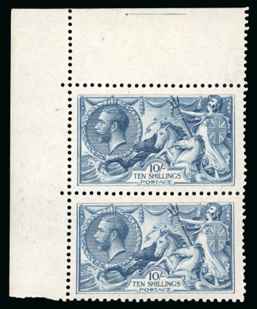 Stamp of Great Britain » King George V » 1913-19 Seahorse Issues 1918-19 Bradbury Wilkinson 10s dull blue mint n.h. corner marginal vertical pair both showing major re-entries