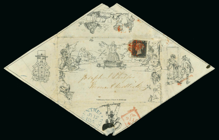 Stamp of Great Britain » 1840 Mulreadys & Caricatures » Caricatures 1840 Menzies' caricature envelope, State 1b (small imprint), bearing 1840 1d pl.1a IG from Dublin