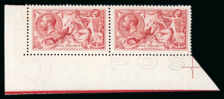 Stamp of Great Britain » King George V » 1913-19 Seahorse Issues 1915 De La Rue 5s pale carmine mint n.h. horizontal pair from the lower left corner of the sheet