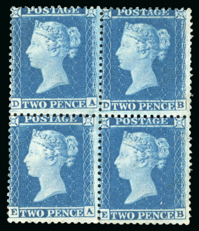 Stamp of Great Britain » 1854-70 Perforated Line Engraved 1855 2d blue pl. 5 DA/EB mint o.g. block of four showing major re-entry on DB