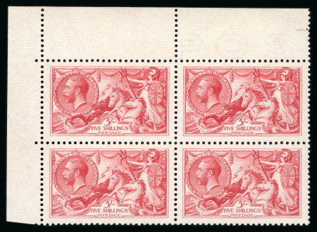 Stamp of Great Britain » King George V » 1913-19 Seahorse Issues 1919 Bradbury Wilkinson 5s rose-carmine mint n.h. marginal block of four