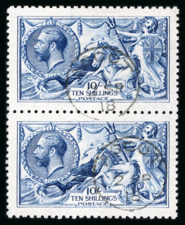 Stamp of Great Britain » King George V » 1913-19 Seahorse Issues 1915 De La Rue 10/- deep blue, a fine used vertical pair
