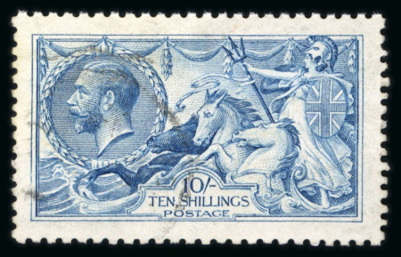 Stamp of Great Britain » King George V » 1913-19 Seahorse Issues 1915 De La Rue bright 10/- Cambridge blue; fine used.