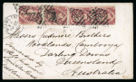 Stamp of Great Britain » 1854-70 Perforated Line Engraved 1870 1 1/2d rose-red (2) and vert. pair on cover, with the pair showing the variety OP-PC error from Ireland