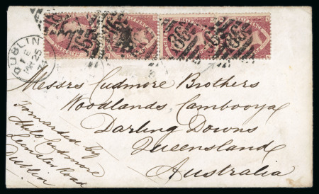 Stamp of Great Britain » 1854-70 Perforated Line Engraved 1870 1 1/2d rose-red (2) and vert. pair on cover, with the pair showing the variety OP-PC error from Ireland