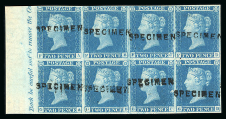 Stamp of Great Britain » 1841 2d Blue 1841 2d blue pl.3 FA/GD mint n.h. marginal inscriptional block of eight from the left of the sheet overprinted "SPECIMEN" type 1