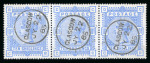 Stamp of Great Britain » 1855-1900 Surface Printed » 1883-84 & 1888 High Values 1883-4 10s ultramarine on blued paper in strip of three with crisp strikes of ‘’Glasgow JY 22 85’’ cds