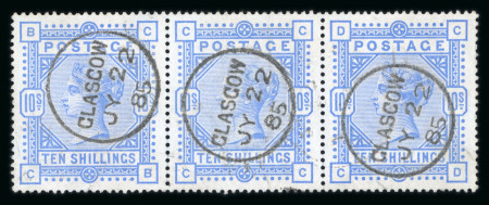 Stamp of Great Britain » 1855-1900 Surface Printed » 1883-84 & 1888 High Values 1883-4 10s ultramarine on blued paper in strip of three with crisp strikes of ‘’Glasgow JY 22 85’’ cds