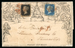 Stamp of Great Britain » 1840 Mulreadys & Caricatures » 1d Lettersheets and Envelopes 1840 Mulready 1d lettersheet stereo A66 from Liverpool to Lancaster, uprated with 1d black pl.6 GI with three margins and 1840 2d blue pl.1