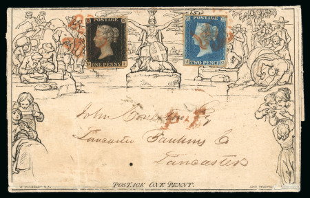 Stamp of Great Britain » 1840 Mulreadys & Caricatures » 1d Lettersheets and Envelopes 1840 Mulready 1d lettersheet stereo A66 from Liverpool to Lancaster, uprated with 1d black pl.6 GI with three margins and 1840 2d blue pl.1