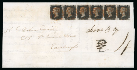 Stamp of Great Britain » 1840 1d Black and 1d Red plates 1a to 11 1840 1d black pl.1b TF-TK, horizontal strip of 6 on entire to Edinburgh