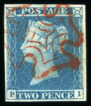 Stamp of Great Britain » 1841 2d Blue 1841 2d blue pl.3 PI with four large margins and cancelled with a superb strike of the red MC