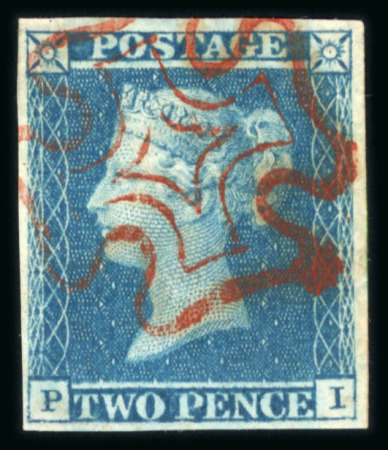 Stamp of Great Britain » 1841 2d Blue 1841 2d blue pl.3 PI with four large margins and cancelled with a superb strike of the red MC