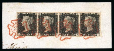 Stamp of Great Britain » 1840 1d Black and 1d Red plates 1a to 11 1840 1d. black Pl. 8, OI-OL, a truly stunning strip of four tied to piece by superb strikes of the red Maltese Cross