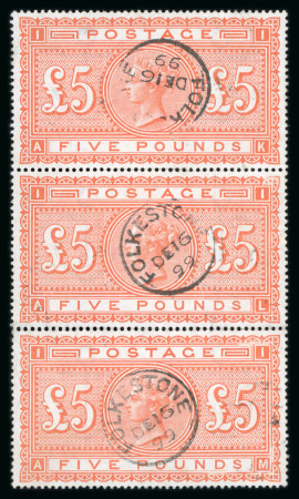 Stamp of Great Britain » 1855-1900 Surface Printed » 1867-83 High Values 1882 £5 Orange AK-AM on white paper in a reconstructed vertical strip of three