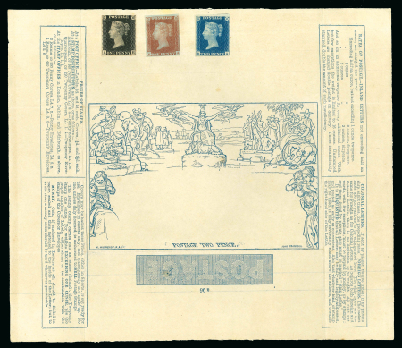Stamp of Great Britain » 1840 Mulreadys & Caricatures 1840 2d Mulready letter sheet affixed unused 1d black AH, 1841 1d red KA, and 1840 2d blue RA