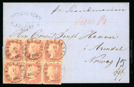 Stamp of Great Britain » 1854-70 Perforated Line Engraved 1863 (Aug 13) entire letter from Grimsby to Norway bearing two horizontal strips of three 1856-58 1d rose-red neatly cancelled by fine strikes of "CHRISTIANA / 18/8/63"