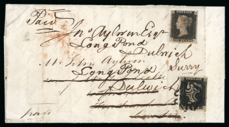 Stamp of Great Britain » 1840 1d Black and 1d Red plates 1a to 11 1840 1d black pl.6 TF with three margins on entire, redirected with further 1d black pl.5