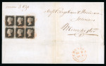 Stamp of Great Britain » 1840 1d Black and 2d Blue "May Dates" 1840 (May 9) entire to Manchester bearing a superb 1840 1d black pl.1a MH-NJ block of six