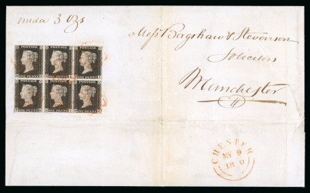 Stamp of Great Britain » 1840 1d Black and 2d Blue "May Dates" 1840 (May 9) entire to Manchester bearing a superb 1840 1d black pl.1a MH-NJ block of six