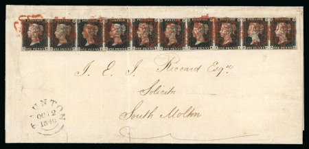 Stamp of Great Britain » 1840 1d Black and 1d Red plates 1a to 11 1840 1d black pl.4 SB-SK horizontal strip of 10 on cover from Taunton