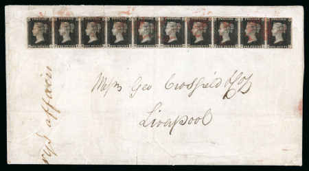 Stamp of Great Britain » 1840 1d Black and 1d Red plates 1a to 11 1840 1d. black, Pl.5, MA-MJ horizontal strip of 10 on entire from Dublin to Liverpool