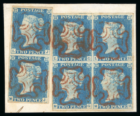 Stamp of Great Britain » 1840 2d Blue (ordered by plate number) 1840 2d blue pl.1 LG/MH block of four on piece with LJ-MJ vertical pair