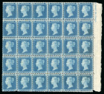 Stamp of Great Britain » 1854-70 Perforated Line Engraved 1854-57 2d blue pl.5 OG/SL mint marginal block of 30 from the right of the sheet with part inscription