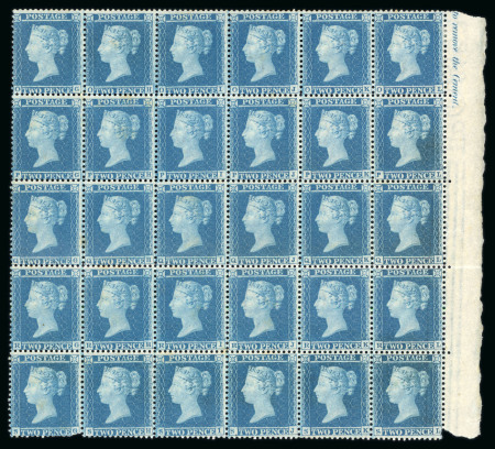 Stamp of Great Britain » 1854-70 Perforated Line Engraved 1854-57 2d blue pl.5 OG/SL mint marginal block of 30 from the right of the sheet with part inscription
