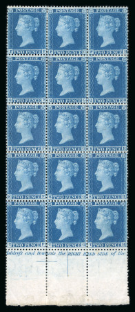 Stamp of Great Britain » 1854-70 Perforated Line Engraved 1854-70 2d blue pl.6 PF-TH mint block of 15 from the foot of the sheet