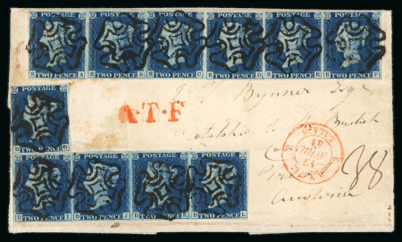 Stamp of Great Britain » 1840 2d Blue (ordered by plate number) 1840 2d deep full blue pl.1 EA-EF strip of 6, DI-DL strip of 4 and DG single on entire from Ireland to Trieste, Austria