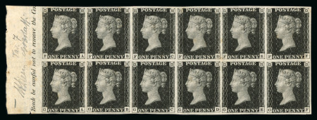 Stamp of Great Britain » 1840 1d Black and 1d Red plates 1a to 11 1840 1d black pl.7 FA-GF, the magnificent mint n.h. horizontal block of twelve from the left of the sheet on experimental thin paper