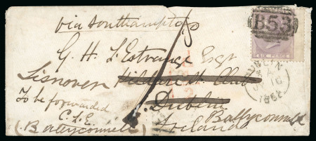Stamp of Mauritius » GB Used in Mauritius GB USED IN MAURITIUS: 1862 (Jun 9) Envelope to Dublin with GB 1855-57 6d pale lilac, wmk Emblems tied by "B53" numeral