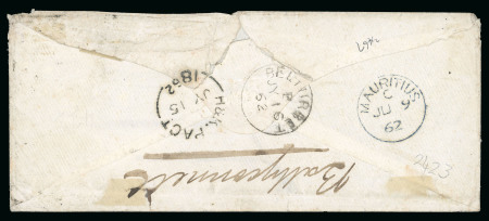GB USED IN MAURITIUS: 1862 (Jun 9) Envelope to Dublin with GB 1855-57 6d pale lilac, wmk Emblems tied by "B53" numeral