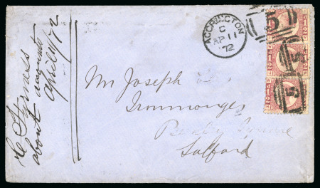 Stamp of Great Britain » 1854-70 Perforated Line Engraved 1870 1/2d Rose-red pl.9 vertical pair and single on a clean unfolded envelope