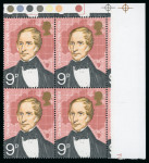 Stamp of Great Britain » Queen Elizabeth II 1973 9d British Explorers with red-brown omitted in mint n.h. top right hand corner marginal traffic light block of four
