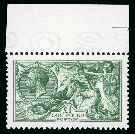 Stamp of Great Britain » King George V » 1913-19 Seahorse Issues 1913 £1 deep green mint n.h. top marginal