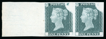 Stamp of Great Britain » Line Engraved Essays, Plate Proofs, Colour Trials and Reprints 1840 1d Rainbow trial (State 3) left hand marginal horizontal pair printed in bluish green