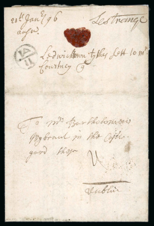 Stamp of Ireland » Pre-Stamp Postal History » Early Period - 1657-1784 1696-97 (January 11th) Entire letter from South Wicklow showing the distinctive first type sans-serif "1A/11" Dublin Bishop hs