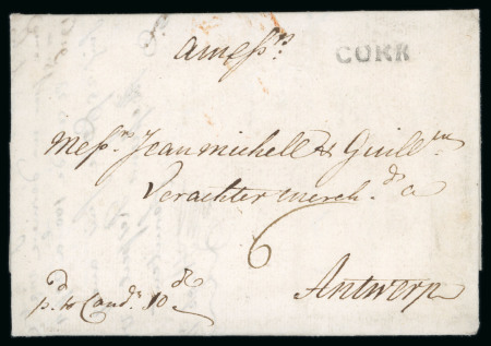 Stamp of Ireland » Pre-Stamp Postal History » Early Period - 1657-1784 1715 (October 23rd) Entire letter from Cork to Antwerp showing a superb straight line "CORK" in black