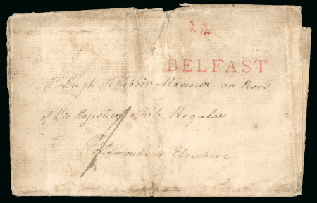 Stamp of Ireland » Pre-Stamp Postal History » Early Period - 1657-1784 1796 (May 2nd) Folded Seaman's entire from Belfast to a serving mariner on board HMS "Regular"