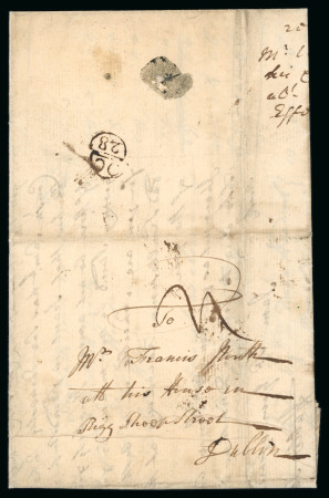 Stamp of Ireland » Pre-Stamp Postal History » Early Period - 1657-1784 1726 Entire letter showing on the reverse Dublin Bishop handstamp "OC/28" with unusual displacement by by 1mm of the two halves of the hs