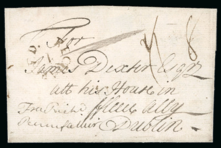 Stamp of Ireland » Pre-Stamp Postal History » Early Period - 1657-1784 1744 (September 13th) Entire letter from Clonmel with a distinctive horseshoe "RECHARGED/I" and inspectors' initials