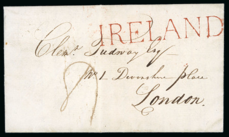 Stamp of Ireland » Pre-Stamp Postal History » Early Period - 1657-1784 1800 (January 8th) Entire letter from Dublin to London showing a large "IRELAND" (68mm) hs in red